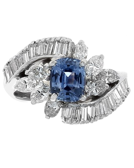 Blue Sapphire and Diamond Cluster Bypass Ring in White Gold